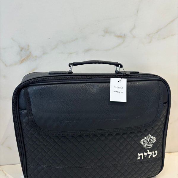 תיק גדול לטלית ותפילין דמוי עור שחור עם ידית נשאירה ורצועה